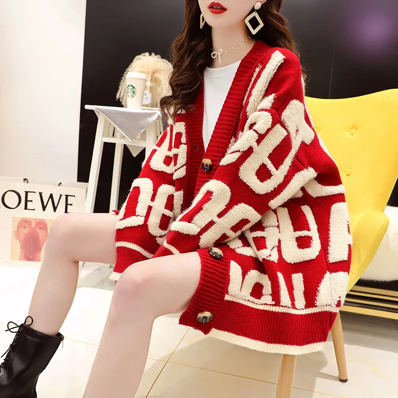 Korean-style towel embroidery fashionable loose lazy letter knit jacket for autumn and winter women