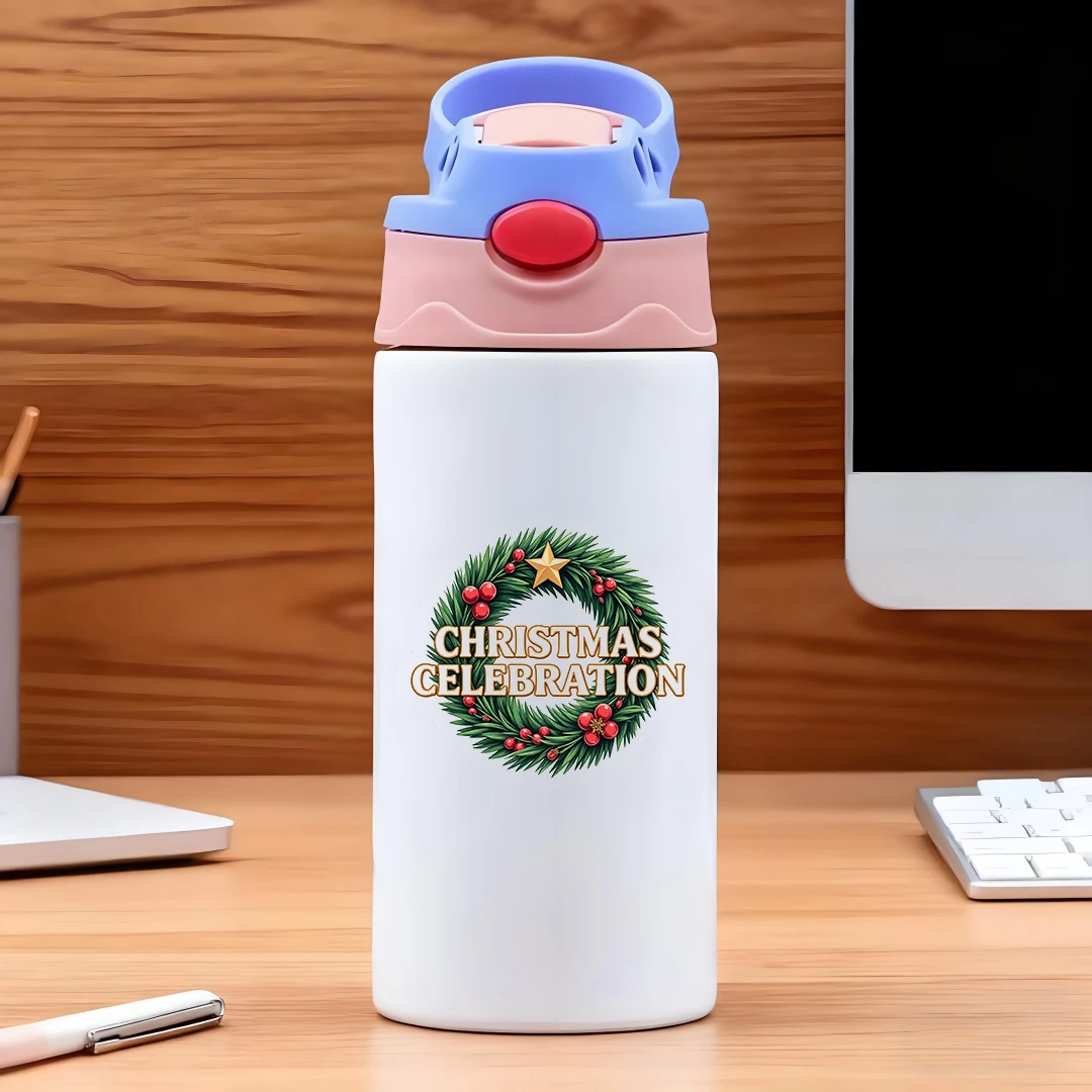 304 Stainless Steel Insulated Cup  Christmas Celebration Wreath Pattern Straw Childrens Water Cup  Gold Star Decoration Christm