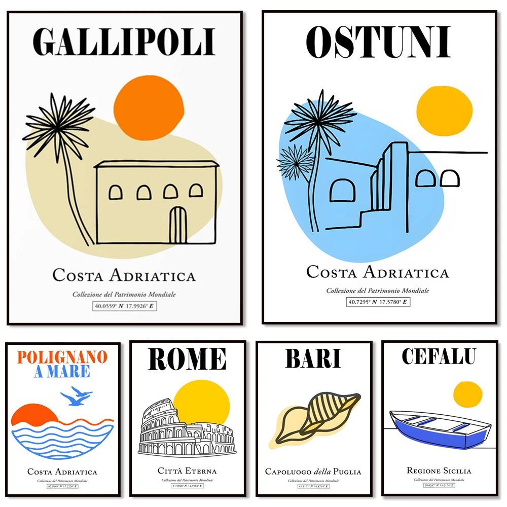Cefalu, Sicily, Bari, capital of Puglia, Polignano a Mare, Puglia, Ostuni, Apulia, Assisi, Umbria, Italy aesthetic travel poster