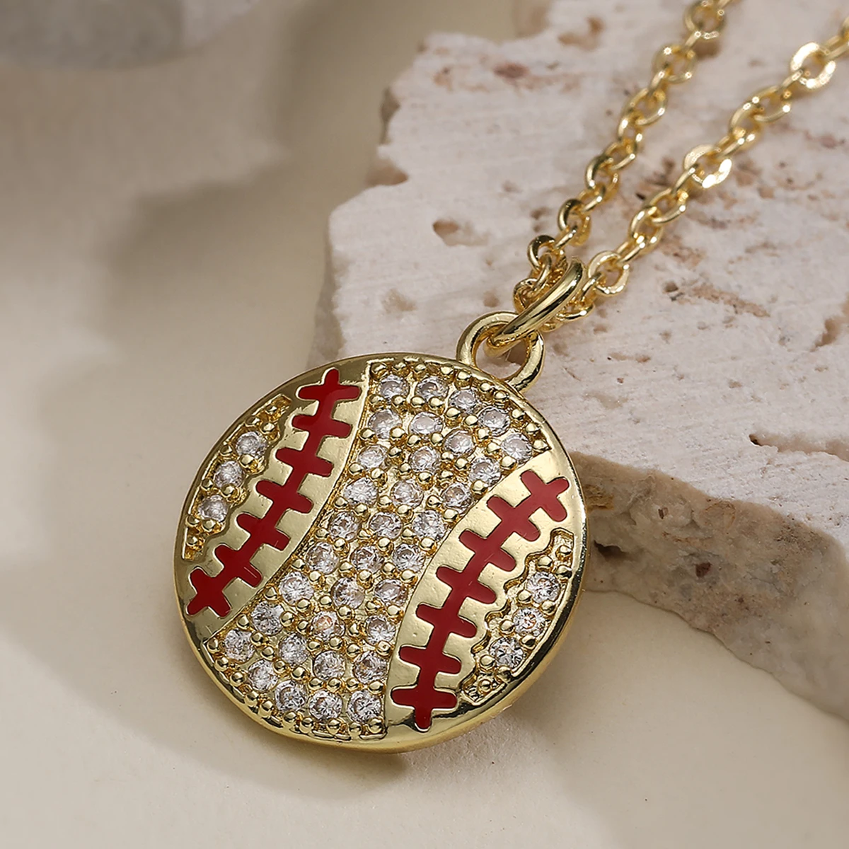 NEWBUY Gold Pave CZ Baseball Pendant Necklace 4 Styles Enamel Stitch Sport Theme Dainty Layering Jewelry