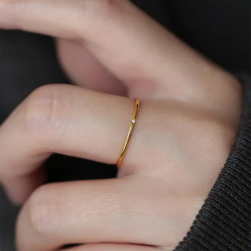 2025 New Trendy Charm Stainless Steel Plated Paved Tiny Zircon Stackable Ring Golden Color Thin Ring Jewelry