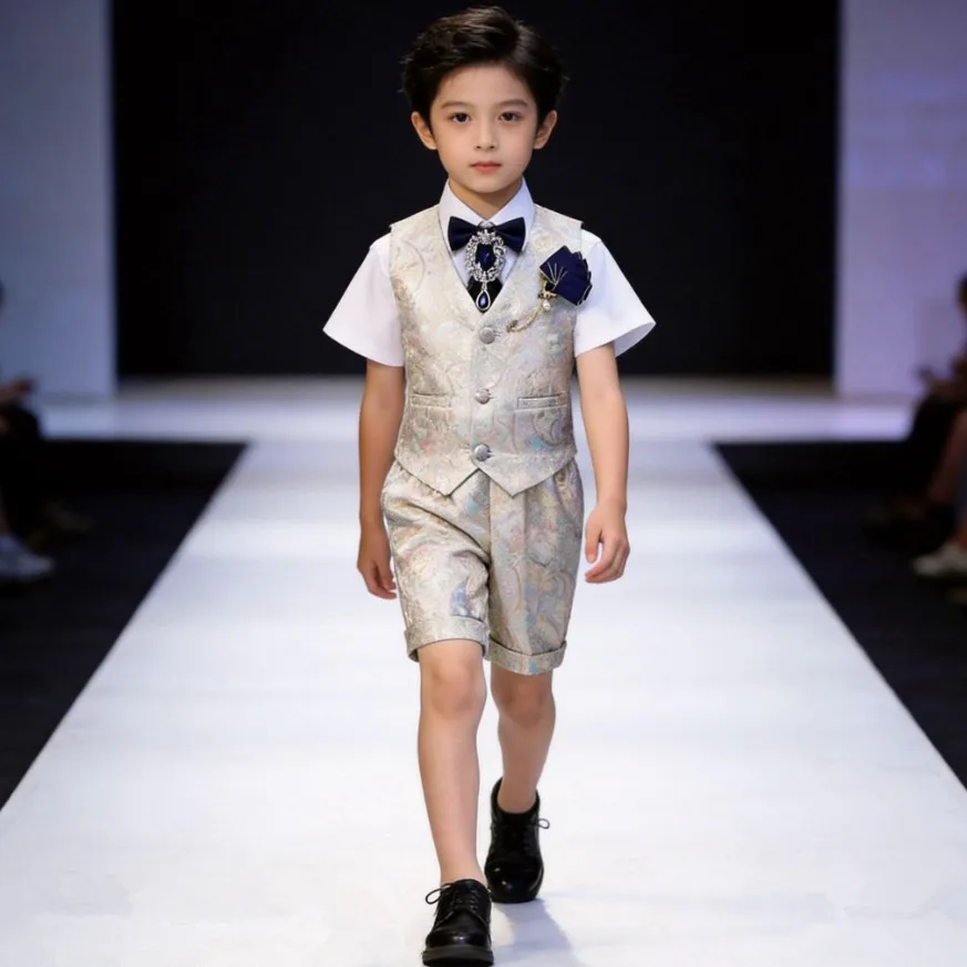 

Комплект из 5 предметов: Детский нарядный костюм с жилетом для мальчиков на свадьбу, день рождения, крестины, вечеринку, выступление на фортепиано, модель A2174