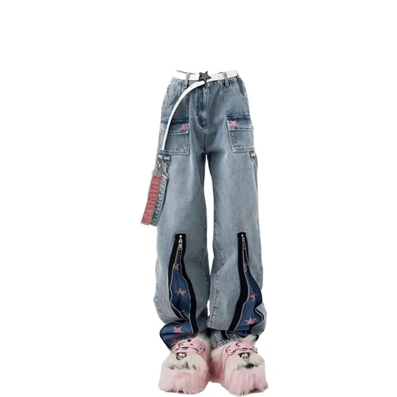 

American High Street Work Jeans Women's Spring and Autumn New Star Print Design Loose and Slim Straight Leg Wide Leg Pants