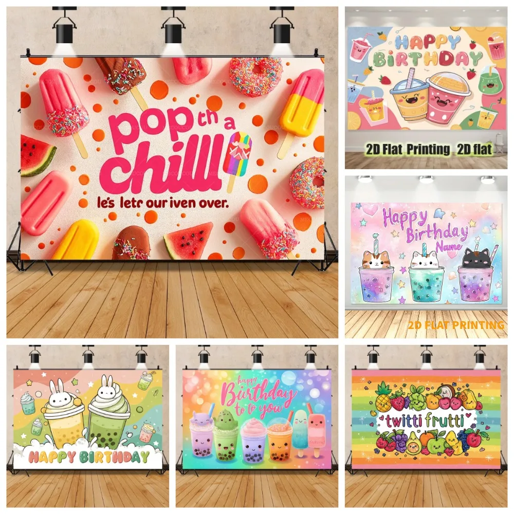 Colorful Milk Tea Fruit Ice Cream Themed Banner Backdrop, Children's Birthday Party, Home Decoration Photography Backdrop Cloth