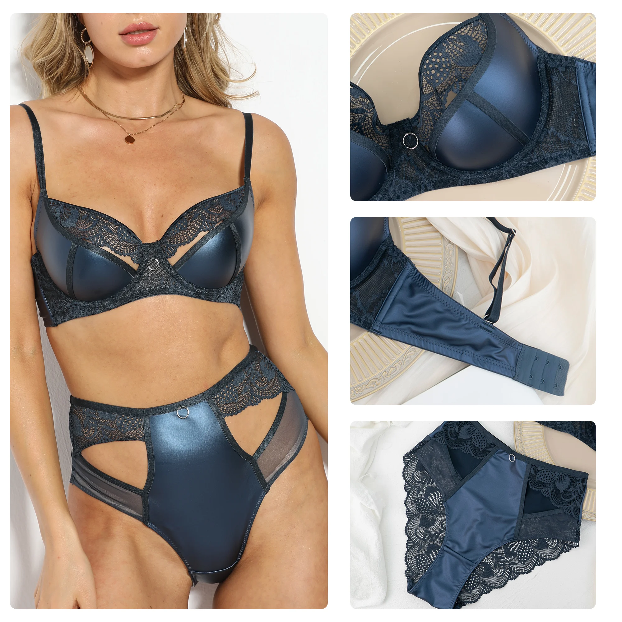 Sexy Leather Lingerie Lace Hollow Female Two-pieces Bra High Waist Panties Set Solid Thin Cup Push Up Underwear For Women