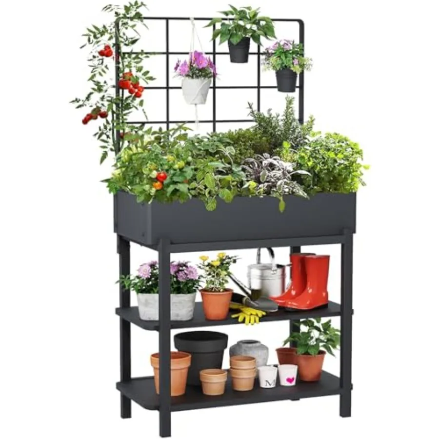 

Metal Raised Garden Bed with Trellis and 2-Tier Storage Shelf Elevated Planter Box with Legs -Includes 3 Flower Pots Outdoor Ve