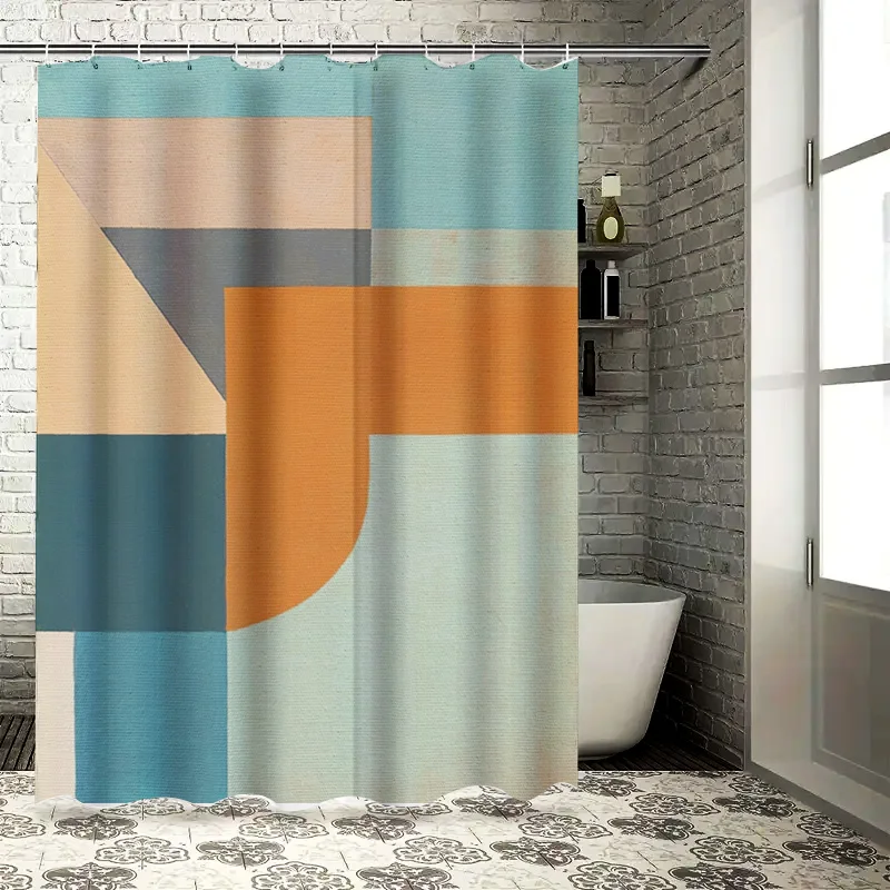 cortina-de-chuveiro-com-estampa-geometrica-moderna-para-decoracao-de-banheiro-laranja-azul-bege-design-forro-de-tapete-de-banho-a-prova-d'agua