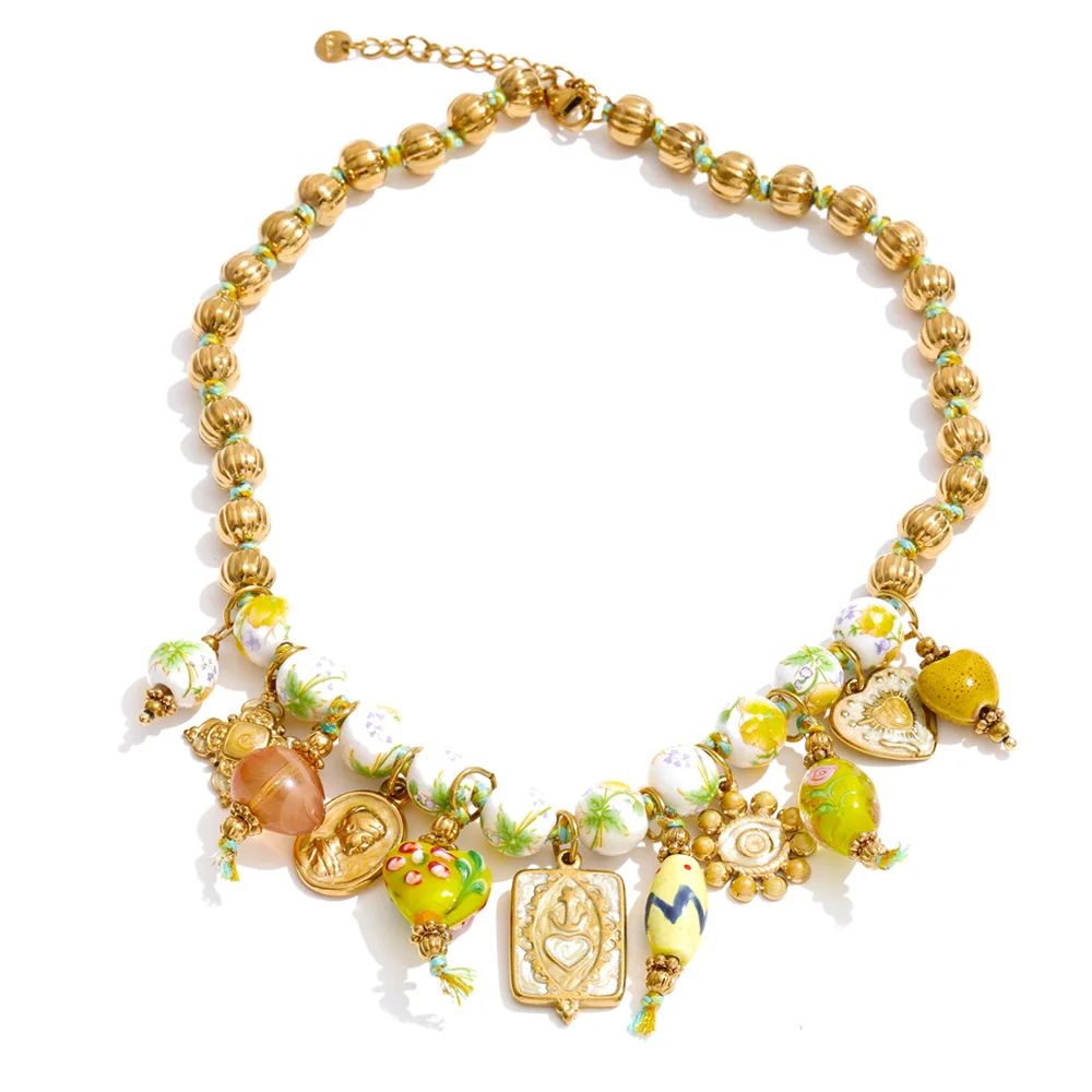 Women's Handmade Beads Chain Ceramic Heart Eye Drop Necklace Bracelet Set