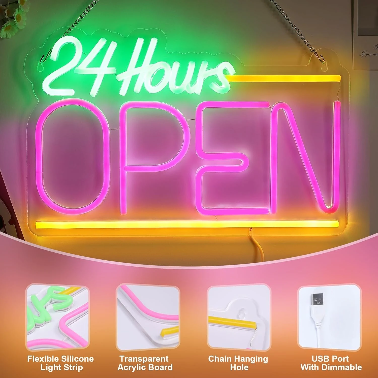Open 24 Hours Neon Sign USB LE - Decor Lighting Opening Hours ulasan dan harga