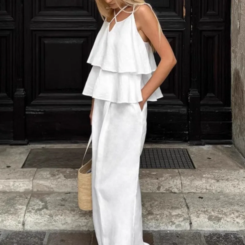 

2025 Summer Casual 2-Piece Cotton And Linen Sexy V-Neck Fly Sleeve Backless Camisole Top And High Waisted Loose Casual Pants Set