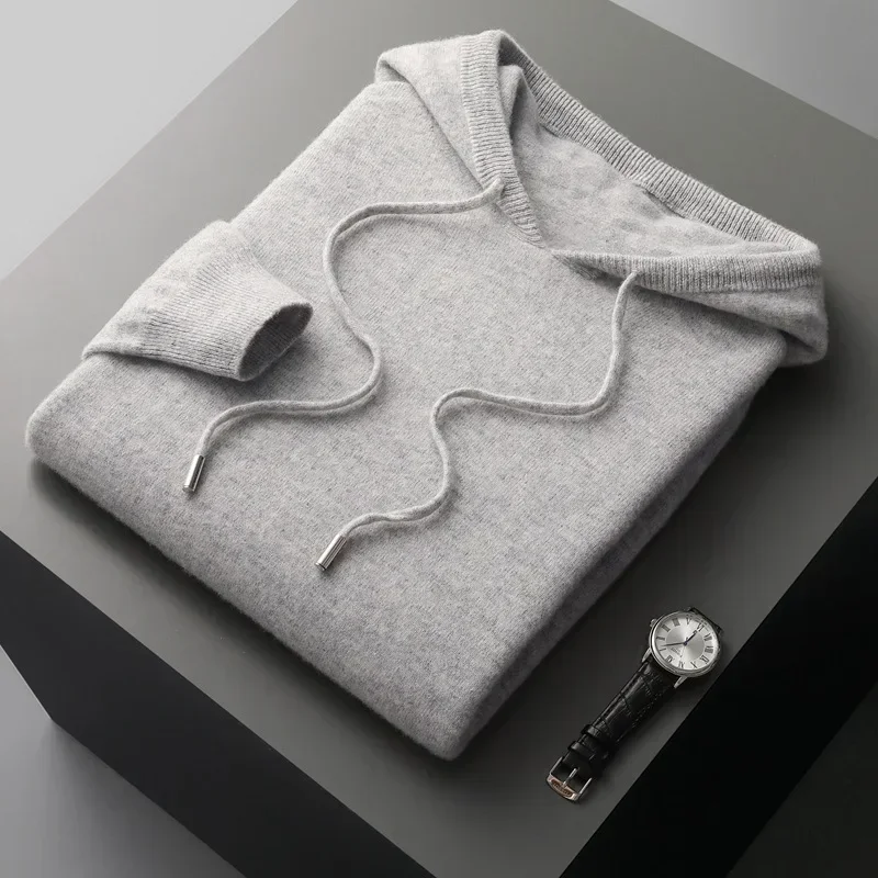 Men's 100% Wool  Hooded Sweater Autumn Winter New 2024 Sweater Hooded Collar Knitted Pullover Casual long Sleeved Hoodie