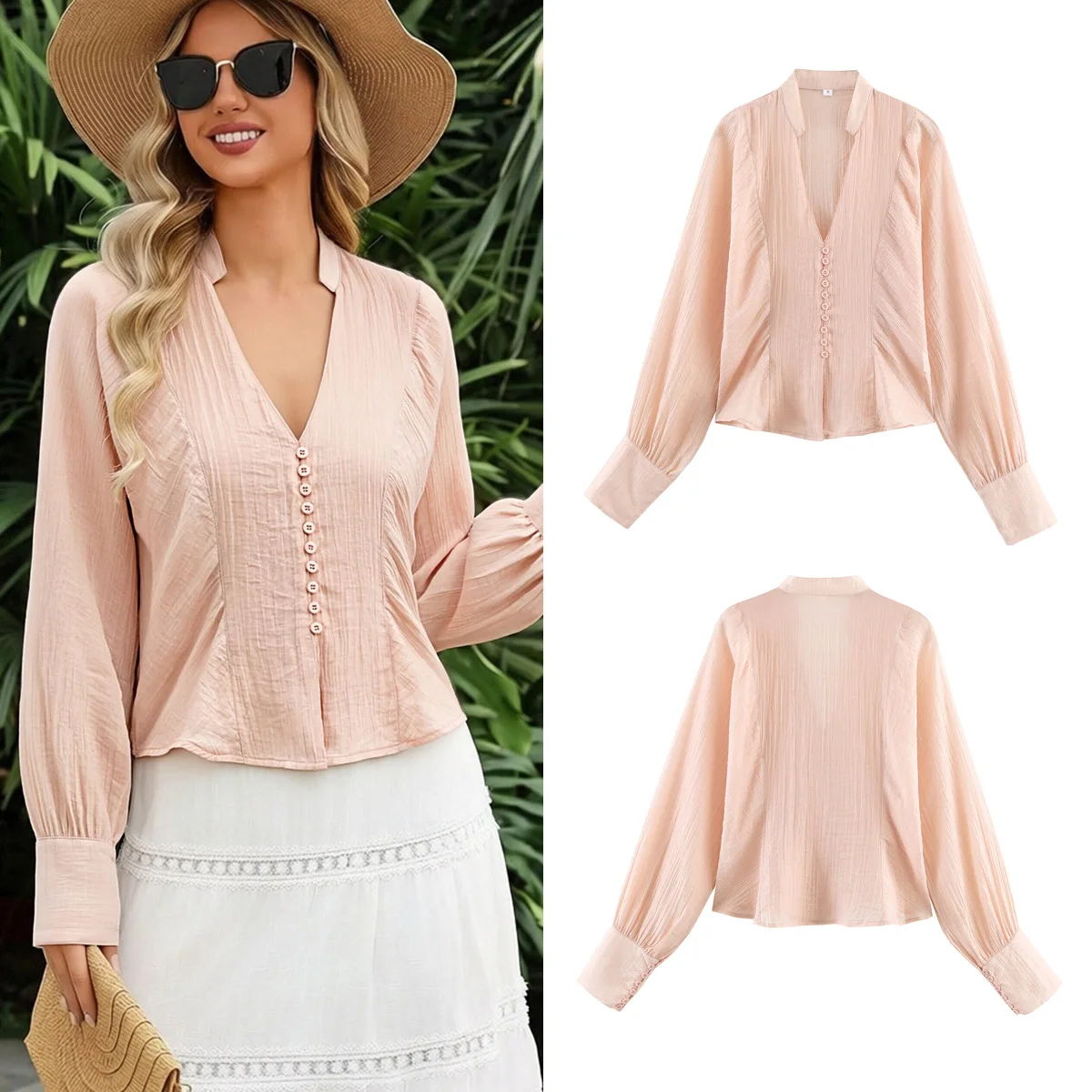 

Withered Women's 2026 Summer Fashion Street Sexy Deep V-neck Long Sleeved Shirt For Women Blouses Women's Clothes Shirts Tops