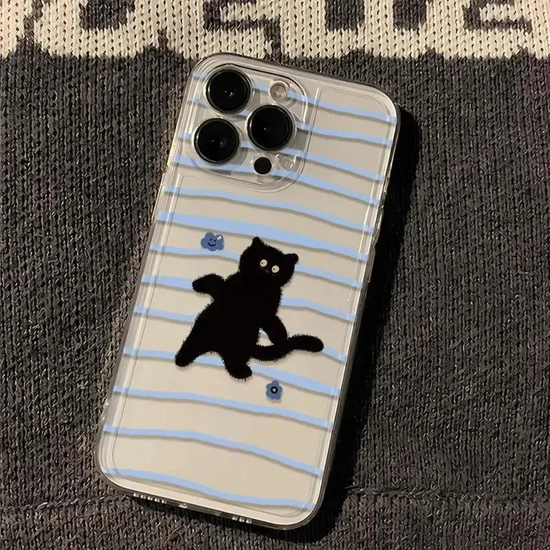 

Чехол для телефона Ins Striped Black Cat для iPhone 17 16e 16 15 14 13 12 11 Mini Air Pro Max X XR XSMax 7 8 Plus, прозрачная задняя крышка