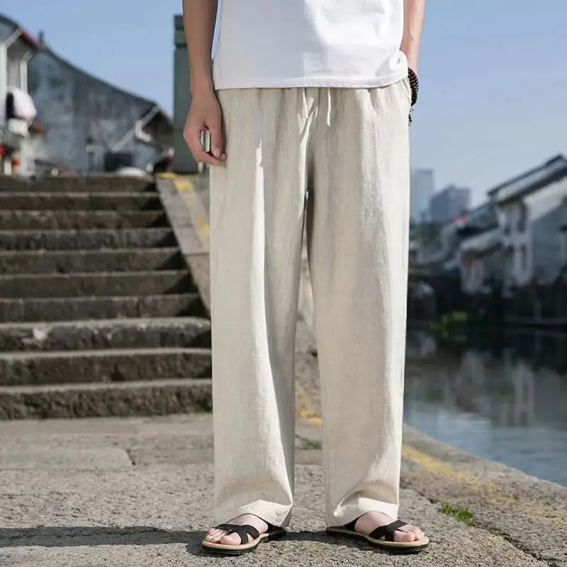 New Japanese spring and autumn cotton and linen wide leg pants Chinese retro men\'s pants oversized loose straight leg pants