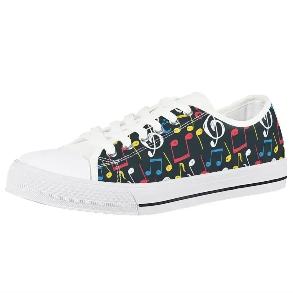 White Casual Women Low Top Canvas Shoes Classic Music Notes Print Flats For Student Girls Comfortable Sneakers