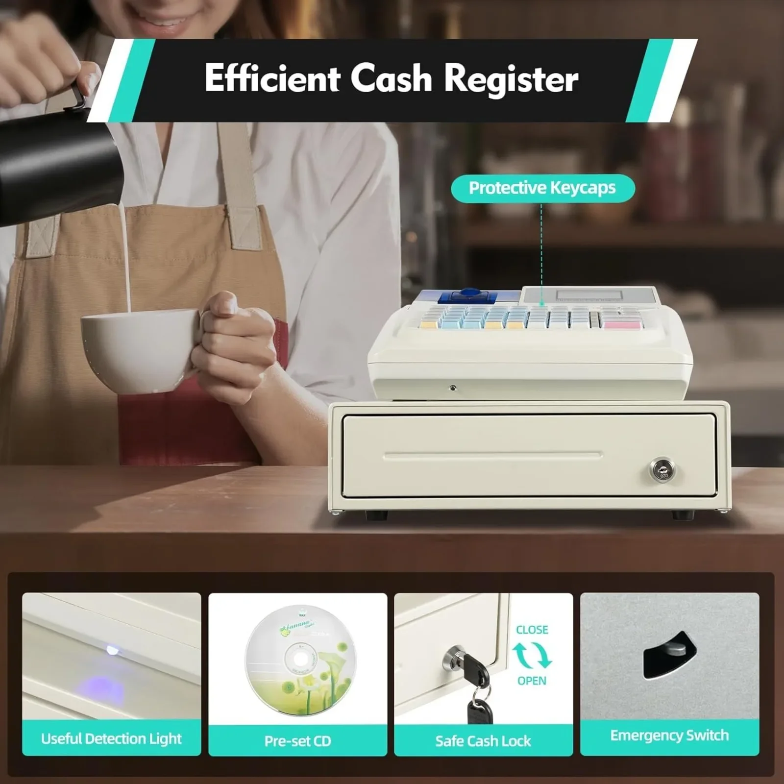 نظام تسجيل المدفوعات النقدية نظام إدارة النقدية ماكينة تسجيل المدفوعات النقدية الإلكترونية مع درج النقود، مفاتيح وكلمات المرور للفتح، 7 طرق للدفع