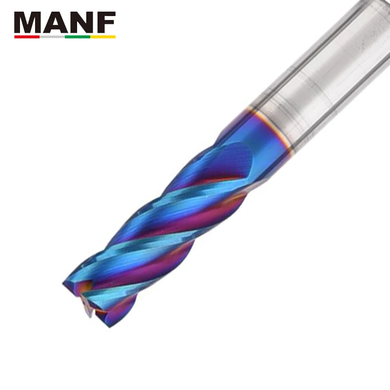 MANF 4 Flute HRC65 4mm 5mm 6mm 8mm Blue Nano Tungsten Steel End Mill Milling Cutter Tungsten Cobalt Alloy TiAIN End Mills