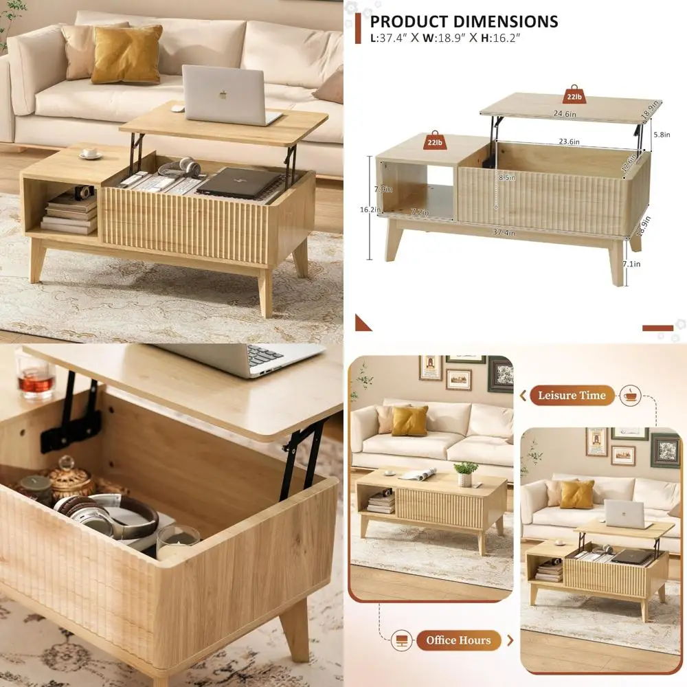 Modern Fluted Lift Top Coffee Table with Secret Storage, Natural Finish for Living Room and Home Office