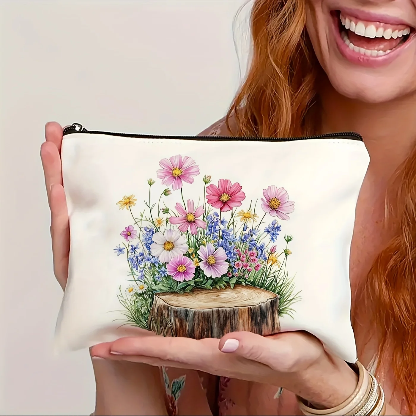 A Spring floral stump patterned makeup bag- multifunctional zipper pouch, jewelry storage bag, perfect travel zipper small stora
