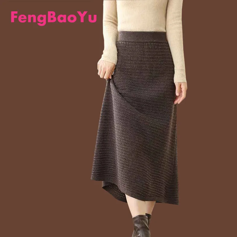 

Fengbaoyu Autumn Winter 100% Wool Skirt Ladies Knitted High Waist Long Fashion A Line Skirt with Horizontal Pattern Light Luxury