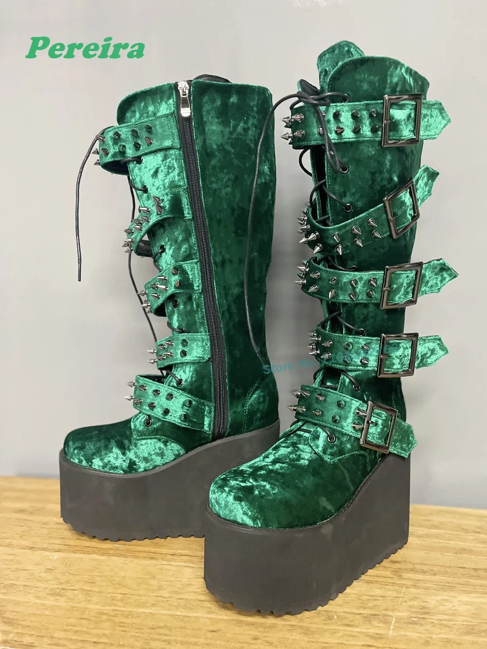 Green Rivet Punk Boots Wedges Platform Belt Buckle Knee High Women\'s Boots Couple Gothic Stud Height Increasing Shoes Casual