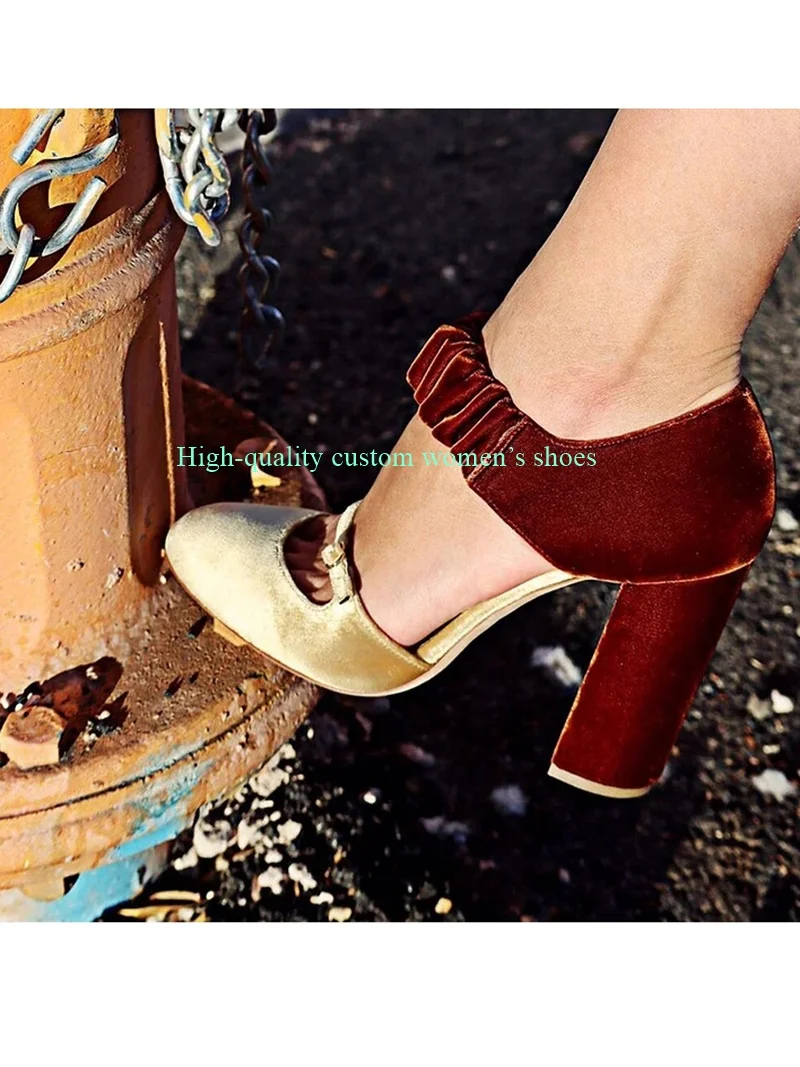 Gold And Burgundy Color-Blocked Velvet Fabric Women's High Heels Head Lnstep Buckle  Chunky High Heels Luxury Women's Shoes