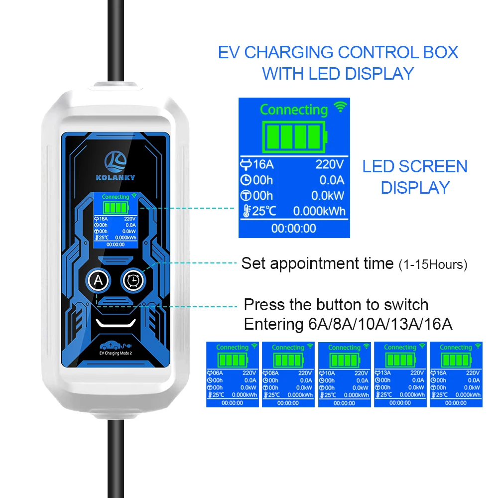 Kolanky Portable EV Charger APP Bluetooth Wifi 16A 3.6kw EVSE cavo di ricarica Type1 SAE J1772 spina ue per auto elettrica 5M