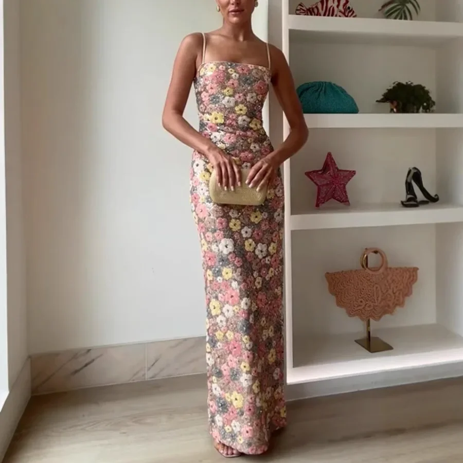 Abito da donna lungo da festa sottile con patchwork di fiori alla moda, abito lungo senza spalline, abito da festa da donna sexy senza maniche