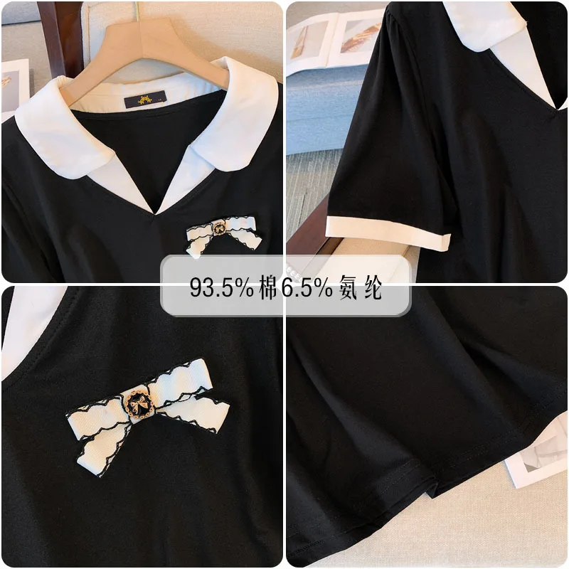 150Kg Plus Size Women's Bust 153 Summer Loose College Polo Shirt Short Sleeve Bow T-shirt Black 5XL 6XL 7XL 8XL 9XL