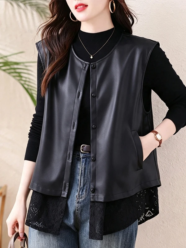 Authentic Lace Patchwork PU Leather Vest Women's Fashion Top 2026 Inner Wear Regular Length Polyester Fiber 100%