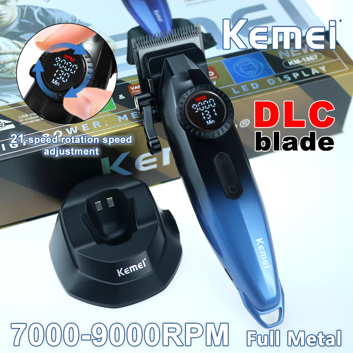 kemei-km-1867-professional-hair-clipper-dlc-blade-9000rpm-cordless-full-metal-lcd-display-with-base-charger-barber-machines
