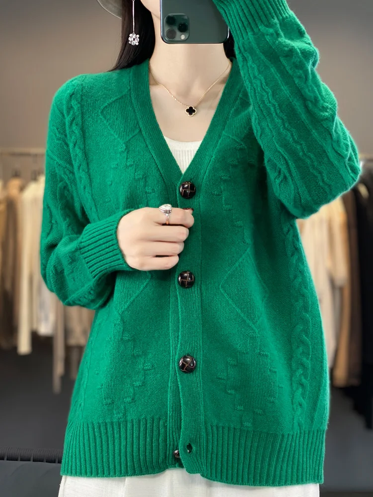 

Autumn Winter Women 100% Merino Wool Sweater V-Neck Buttoned Cardigan Soft Thick Warm Cashmere Knitwear Solid Tops Clothing