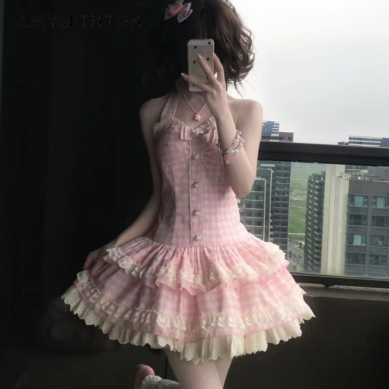

Summer Multi-color Plaid Lace Splicing Women's Dress Japanese Design Sweet Cute Slimming Thin Age-reducing Tutu Dresses Ladies
