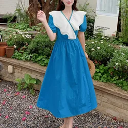 French Ruffles V-neck Neck Dress Women Solid Patchwork Gauze Korean Simple Fashion Summer New Waist Slim Elegant Long Dresses
