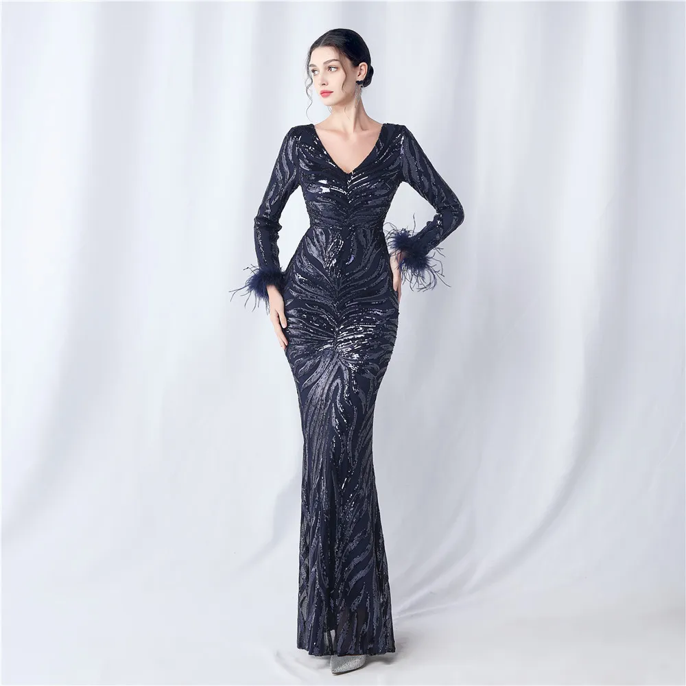 Luxury Women Party Dress Evening Ladies Full Sleeve Sequin Deep V Vestido Mermaid Female Backless Gala Elegant Ball Gown Banquet