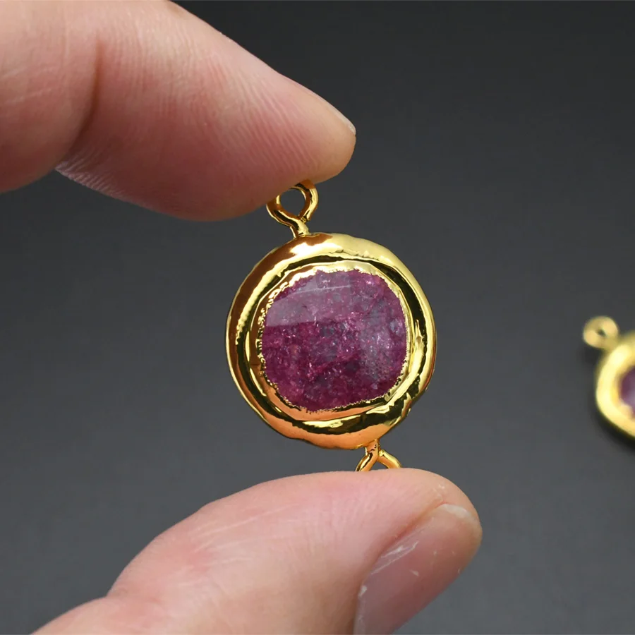 New Arrival Faceted Strawberry Quartz Coin Round Shape Connection 18k Gold Plating DIy Jewelry Making Connectors