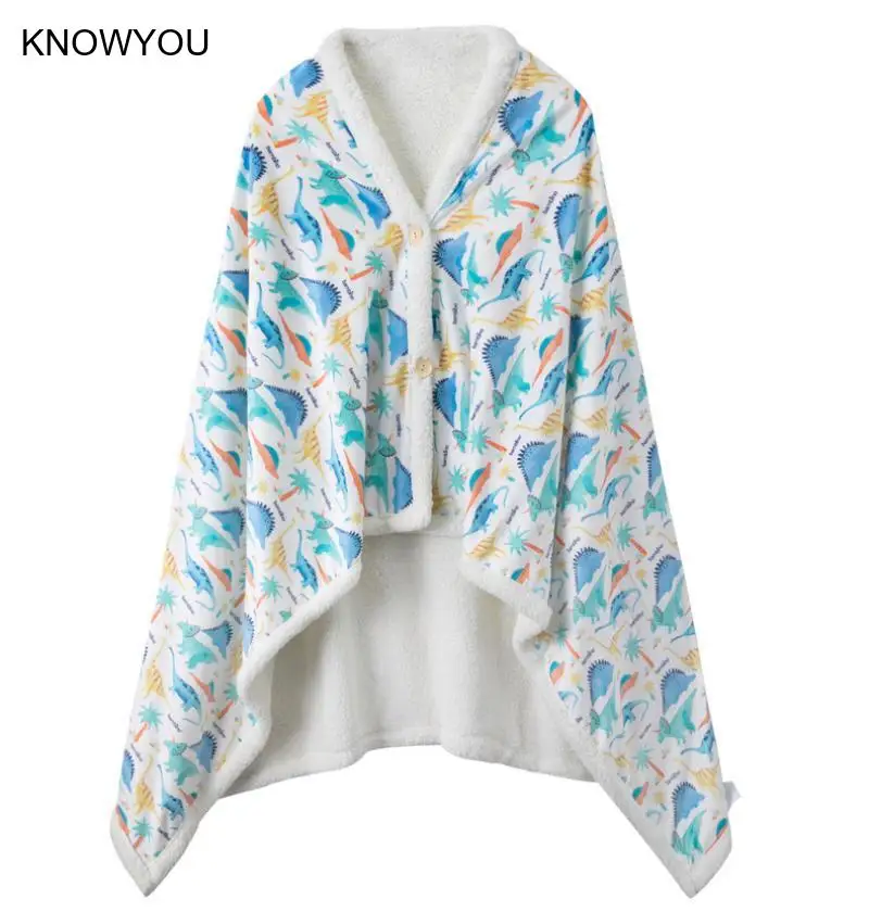 

Шаль с принтом динозавра из мультфильма, фланелевая флисовая накидка, женское утепленное теплое одеяло, осенне-зимняя теплая одежда для дома, куртка