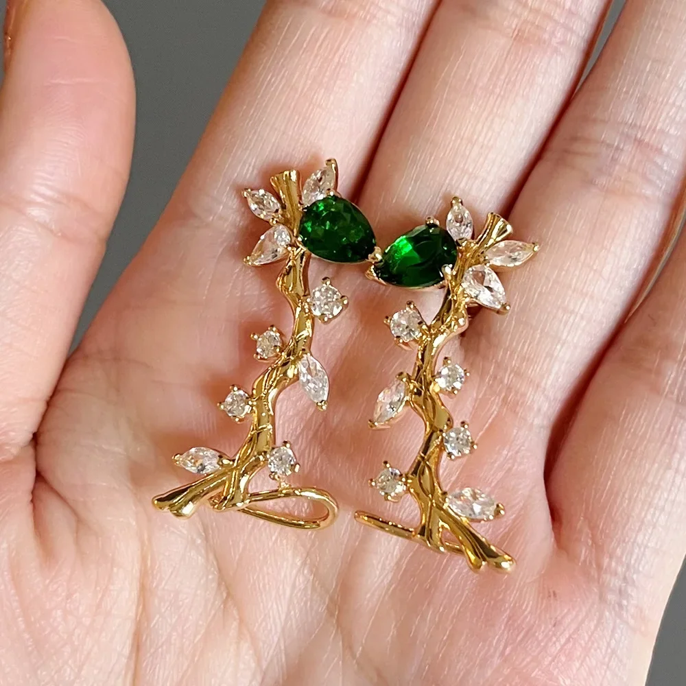 Elegant Gold Plated Crystal Zircon Branch Earring Vintage Botanical Leaf Ear Stud Earrings for Women Bridal Branch Jewelry