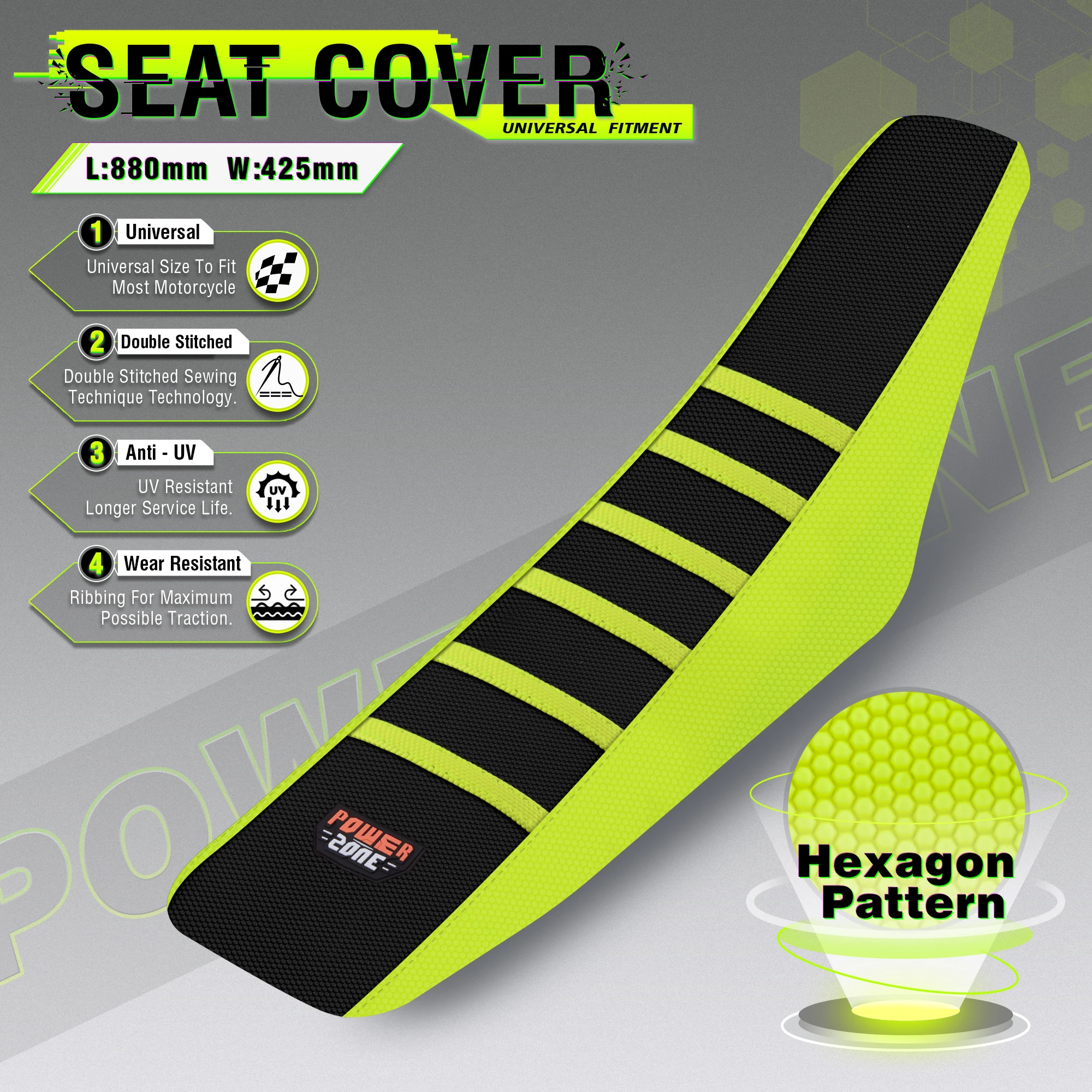 Powerzone Fluorescent Yellow Seat Cover Miękki, wodoodporny, antypoślizgowy, żebrowany pokrowiec na siedzenie motocyklowe do SXF EXC KXF CRF YZF WR TC TE