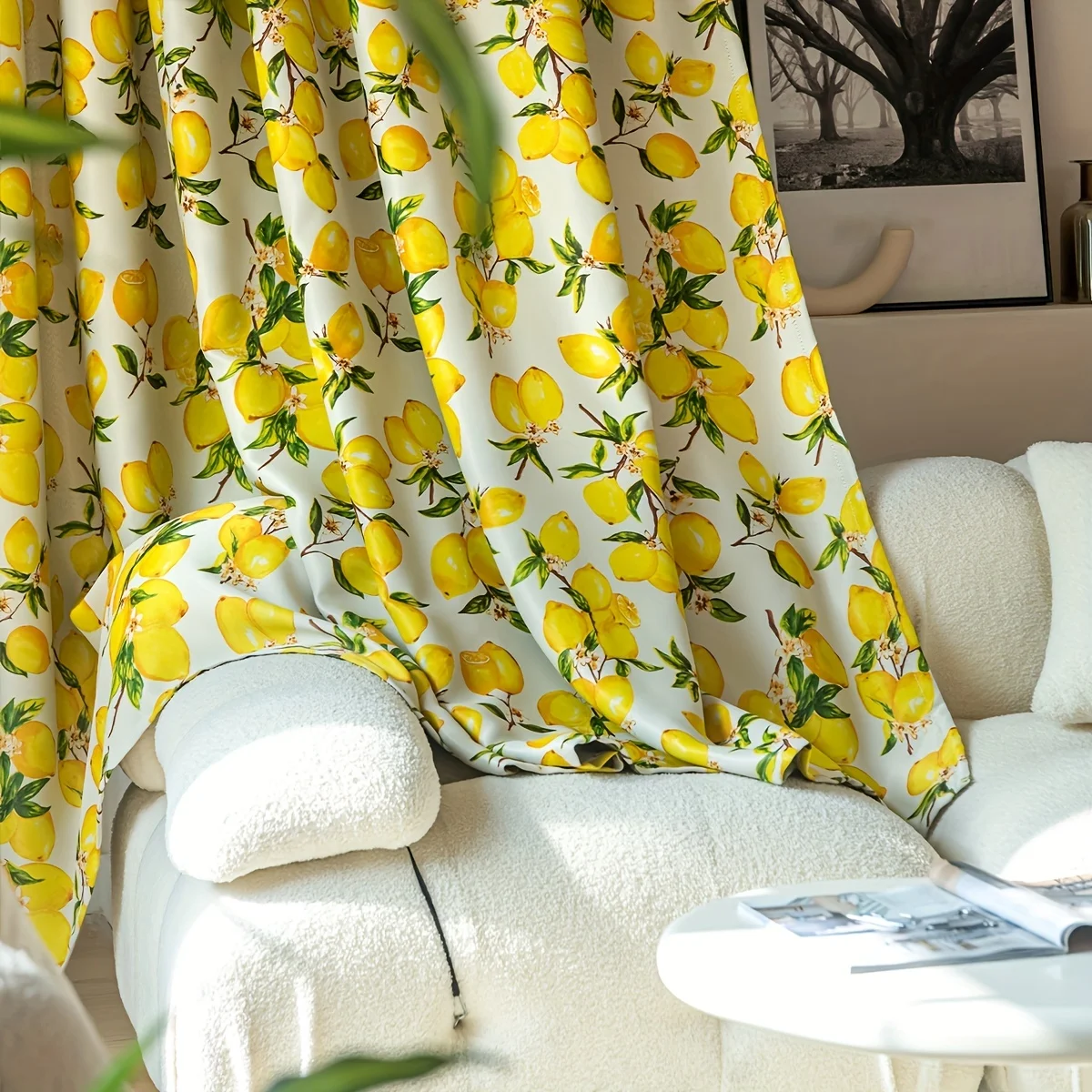 1panel Hand-painted Lemon Tree Printed Curtain Thickened Blackout Curtain Suitable For Living Room, Bedroom, Kitchen, Bathroom,