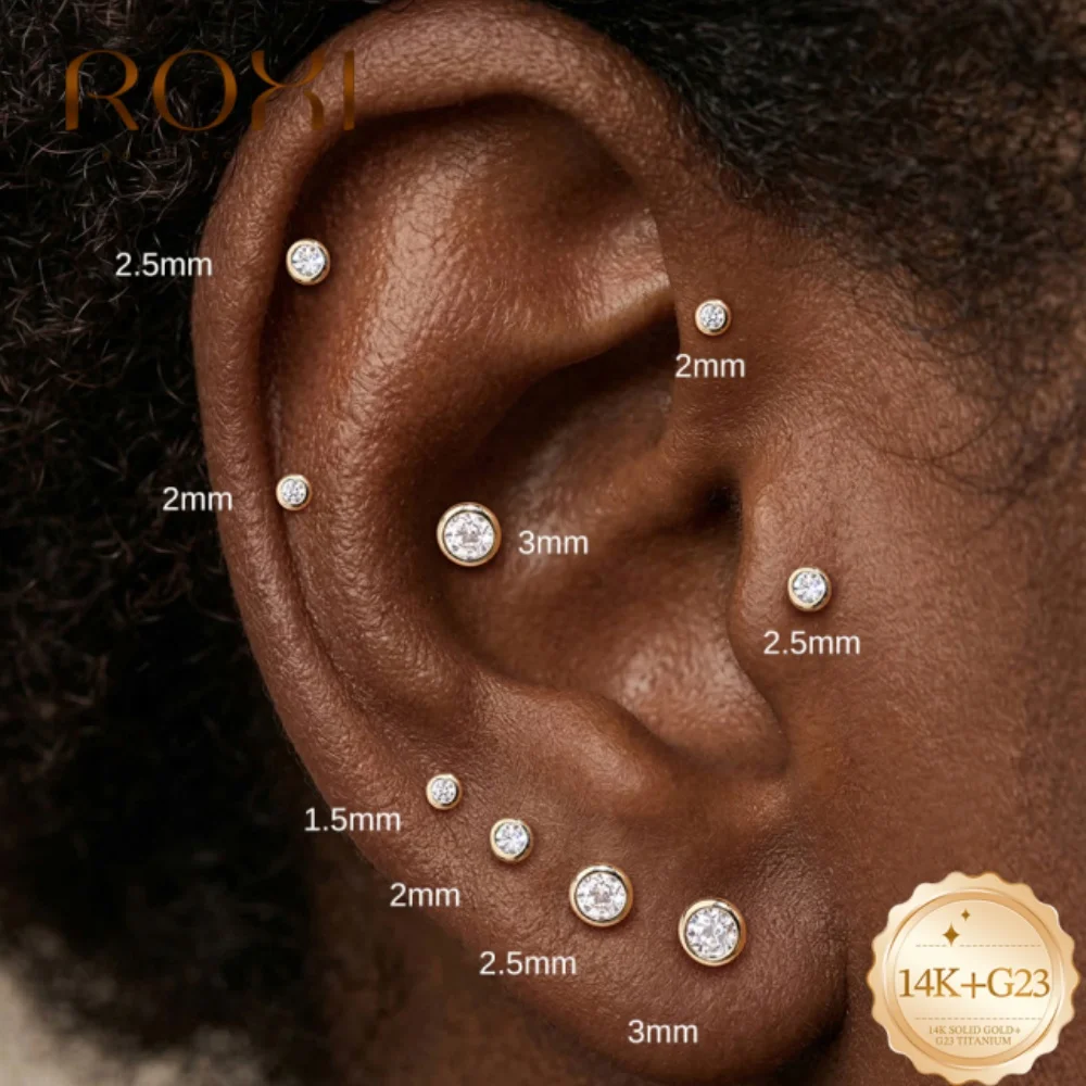 ROXI 1PC Classic Round Bezel-set CZ Piercing Studs, 14K Solid Gold Hypoallergenic Flat Back Earrings for Women
