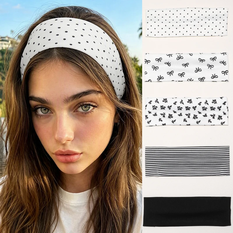 5pcs Women Wide Elastic Headband Polka Dot Bow Print Hair Band Soft Non Slip Daily Workout Hair Accessories for Girls