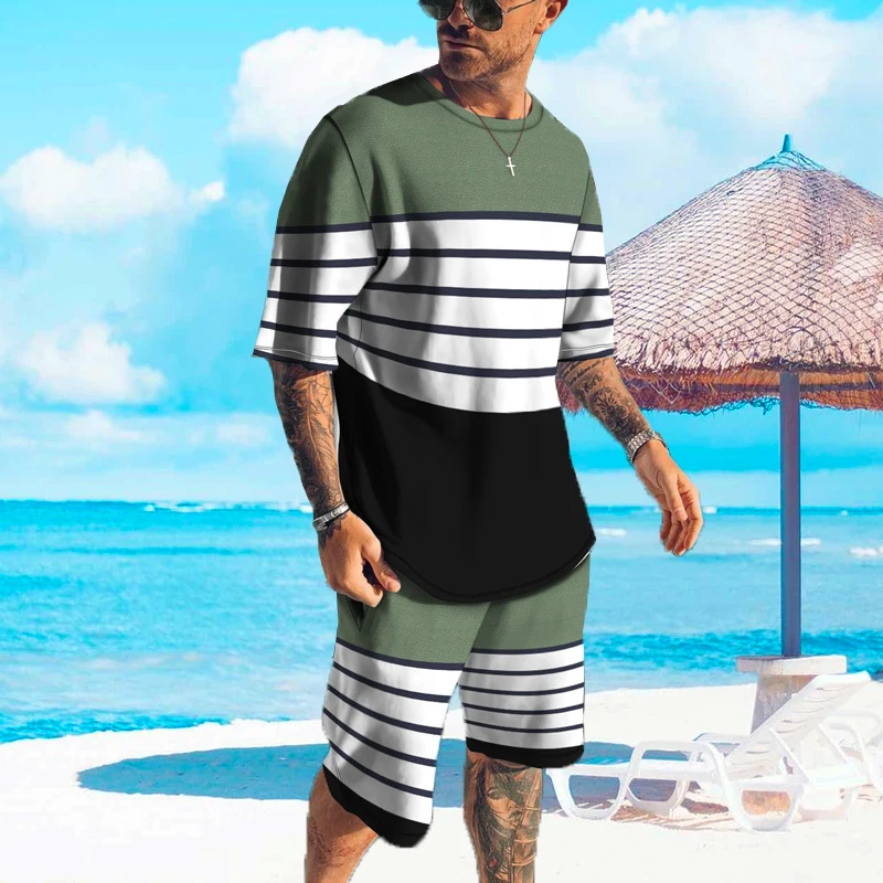 Men's Tracksuit Summer Stripe Style Harajuku Jogging Streetwear Short Sleeve T Shirt Suit 3D Printed Breathable Male Clothes