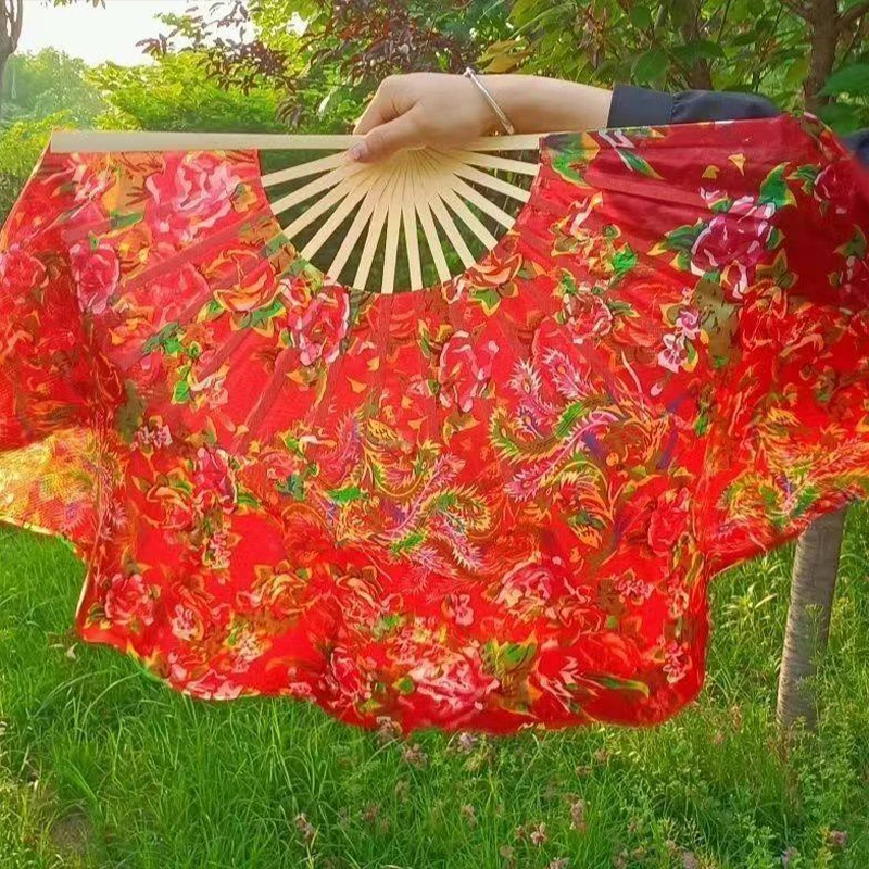 Traditional Chinese Dance Fan Silk Red Flower Design Stage Performance Prop for Folk Dance Wedding Festival Party Costume