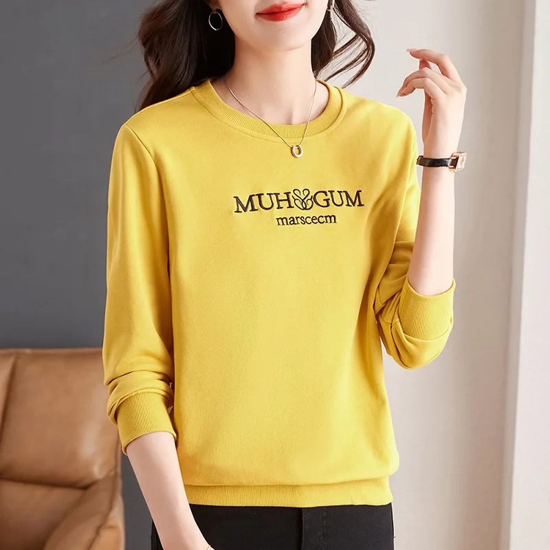 Spring Autumn Women\'s Pullover Round Neck Solid Embroidery Letter Printing Long Sleeve Hoodies T-shirt Fashion Casual Tops