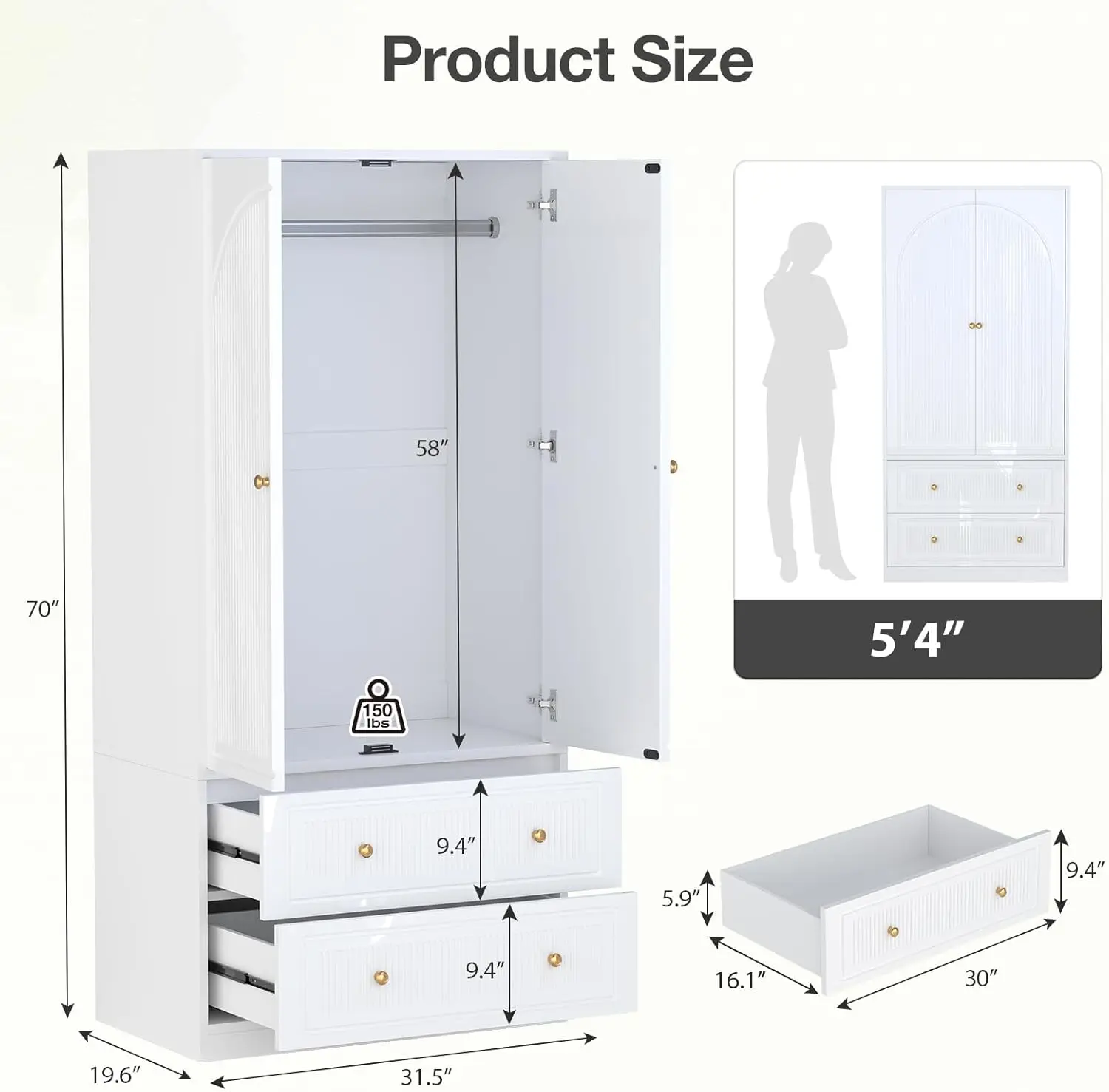 Quarto Branco Armário De Madeira com Haste, Roupeiro, Closet com 2 Portas e 2 Gavetas, Grande Capacidade, Independente, 71"