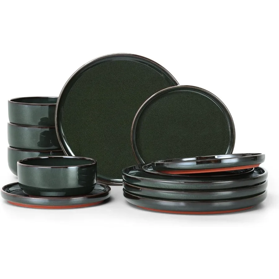 

Наборы керамической посуды для столовой посуды на 4, 12 предметов. Наборы тарелок и мисок с реактивной глазурью. Элегантная посуда с блюдкой в деревенском терракотовом стиле.