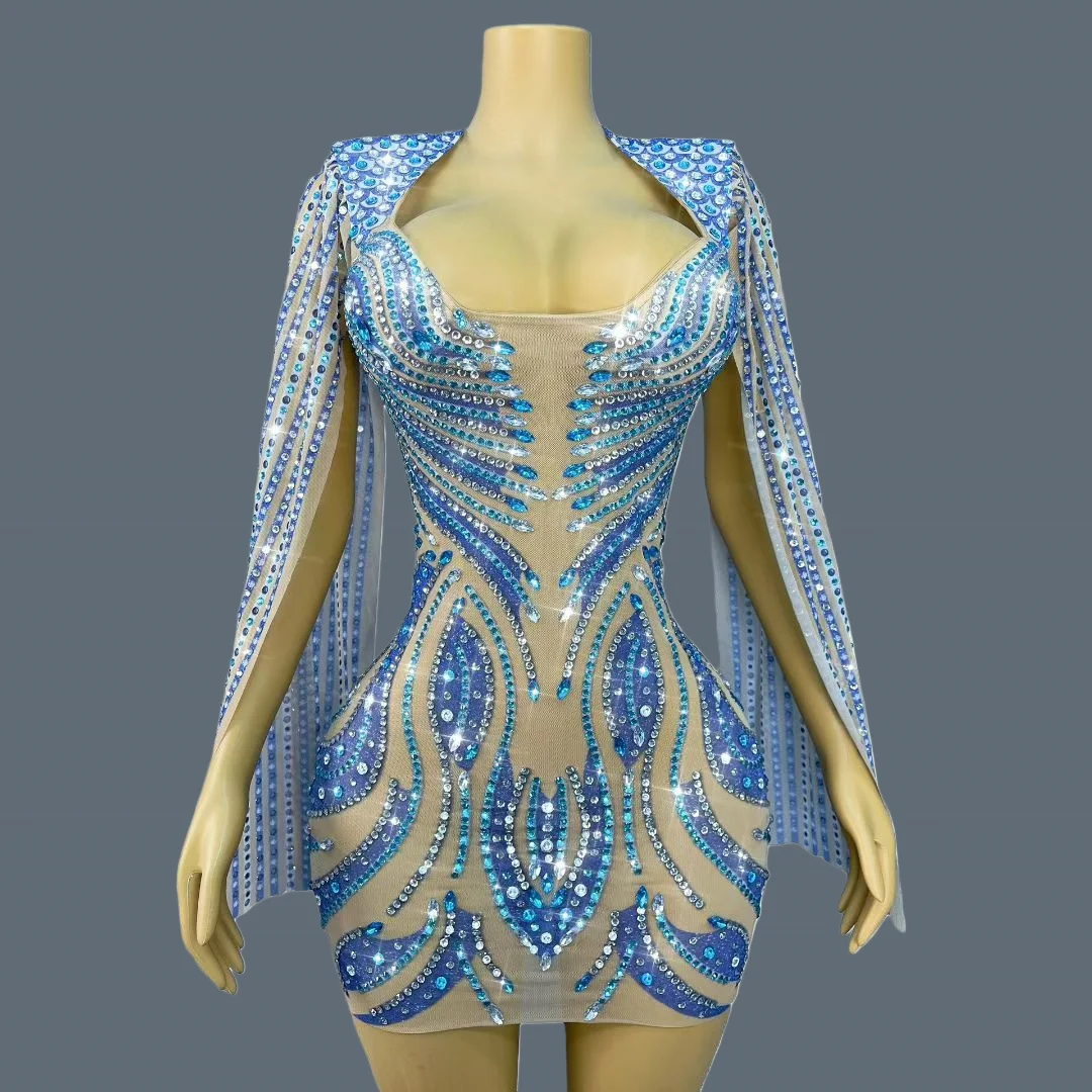 High-end prata azul strass vestido de cocktail brilhante apertado encaixe pura malha mini vestido de baile vestido de noite mostrar roupa lanmao