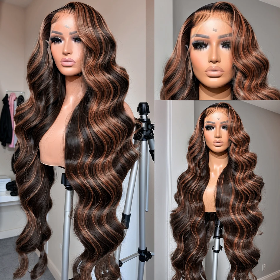 1B 30 Black Brown Body Wave Ombre Highlight 30 Inch 13x4 HD Lace Front Human