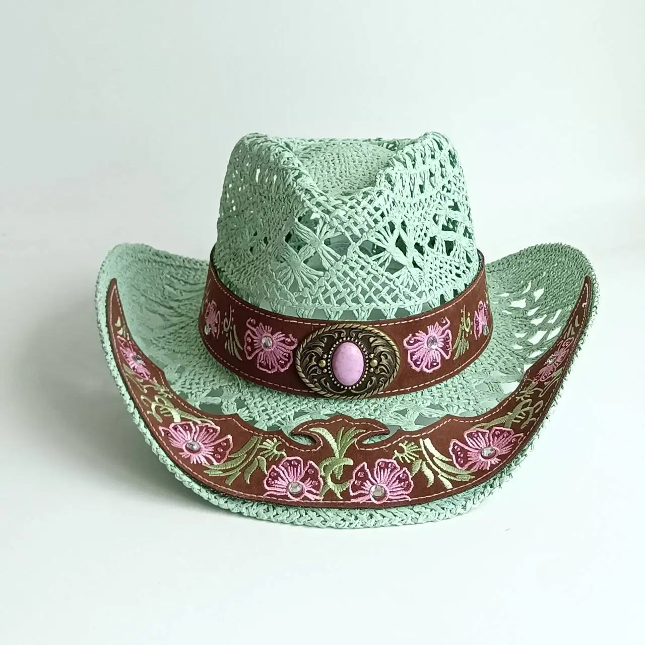 Vintage Boho Mint Green Hollow Woven Cowboy Hat for Women Floral Embroidered Leather Belt Pink Stone Ornament Wide Brim Breathab